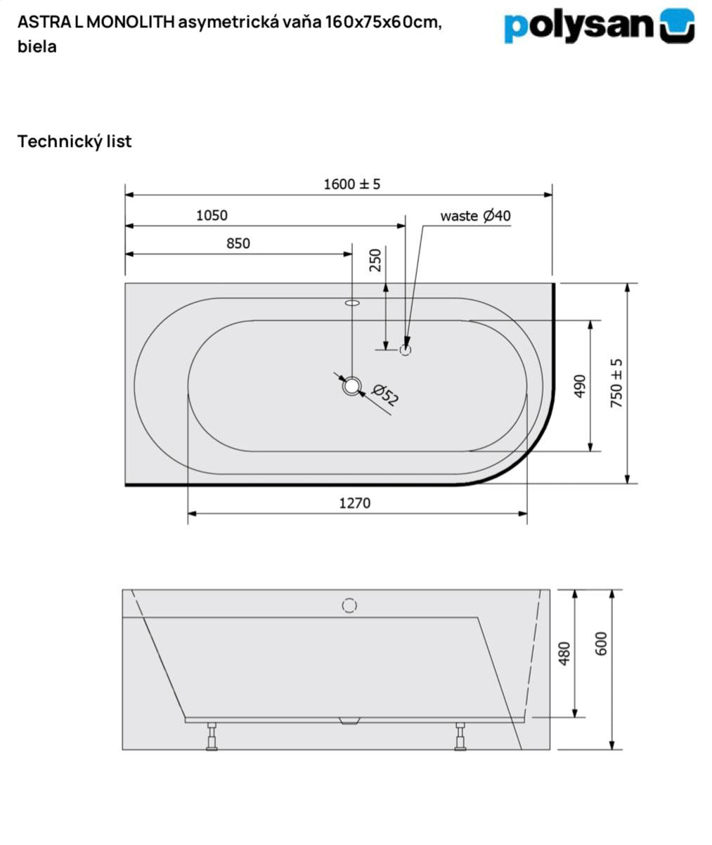 ASTRA MONOLITH 160×75×60 cm – Left & Right Asymmetric Bathtub – Manufactured by Polysan