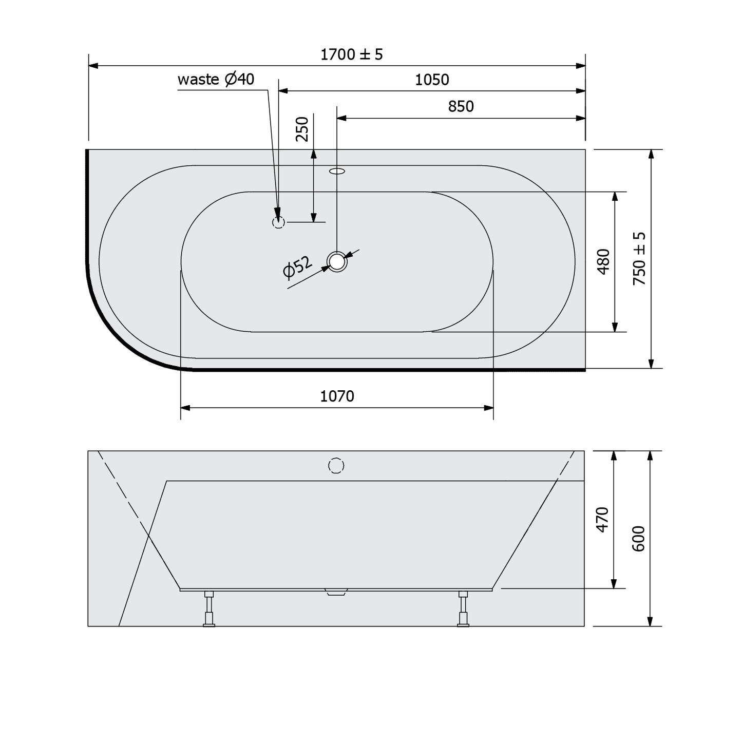 VIVA R MONOLITH 170×75×60 cm Asymmetric Bathtub – Manufactured by Polysan