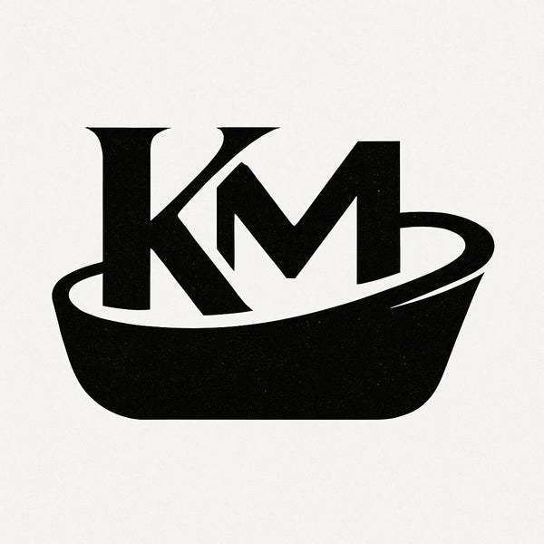 Black and white logo with 'KM' inside a circular design on a white background