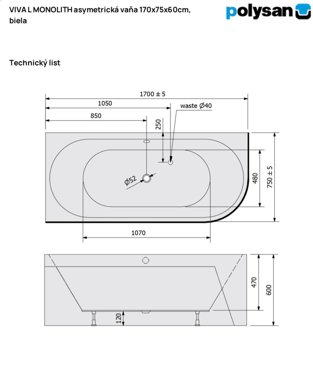 VIVA L MONOLITH 170×75×60 cm Asymmetric Bathtub – Manufactured by Polysan